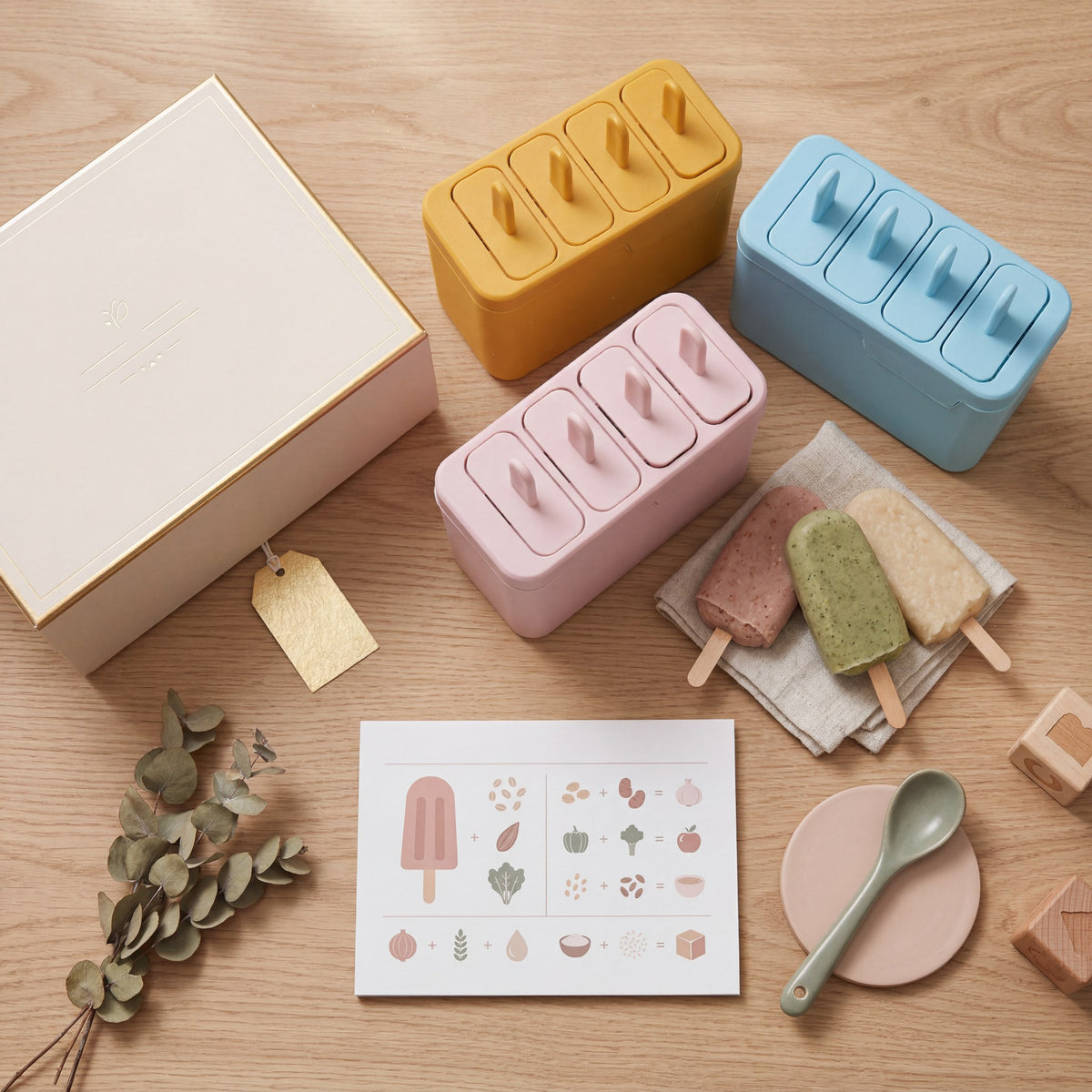 Minimoln grötpinneform med färdiga grötpinnar, guidekort och presentbox på ljust ekbord