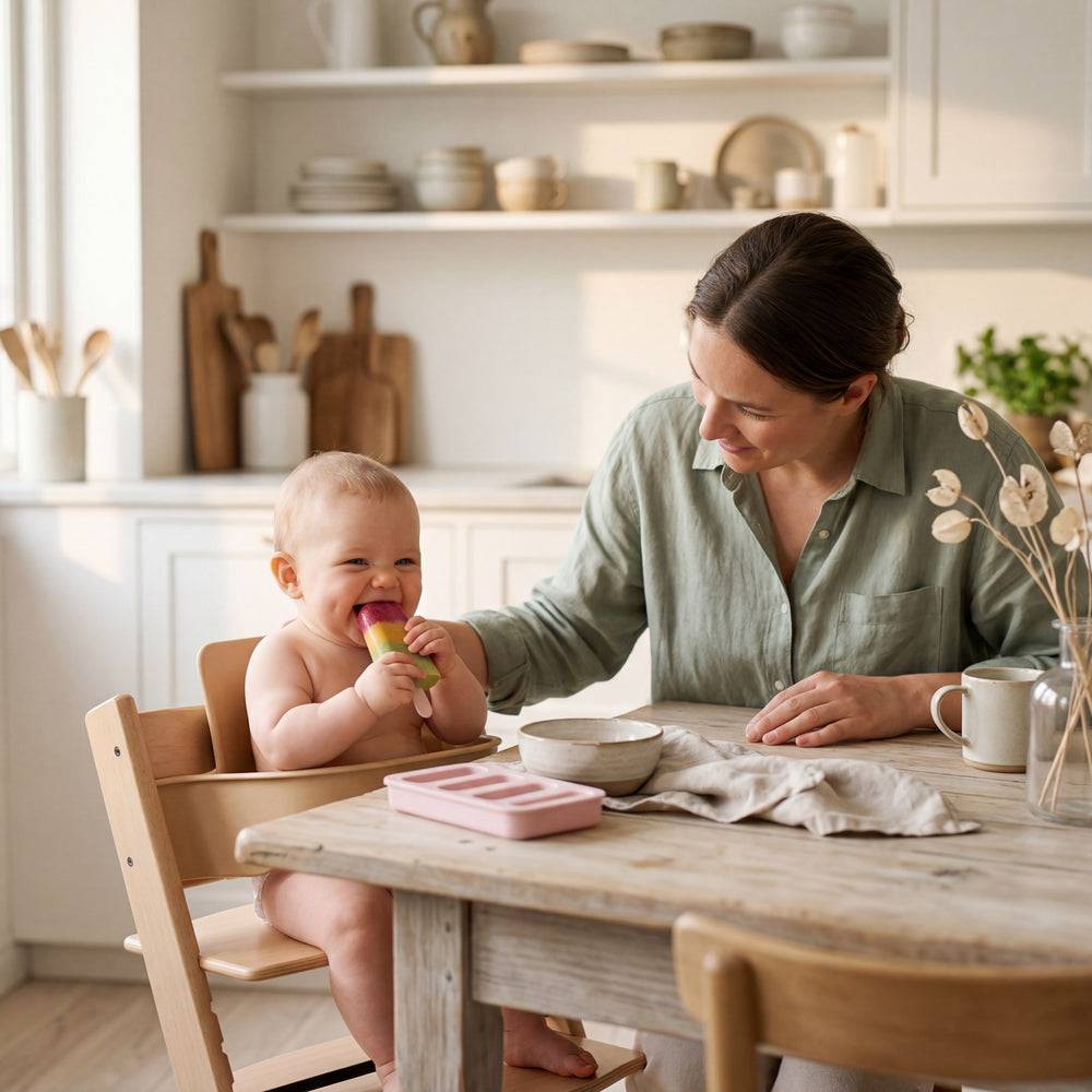 Bebis greppar en grötpinne vid frukostbordet i mjukt morgonljus
